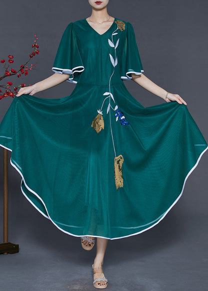 Peacock Green Embroidered Silk Long Dresses Summer