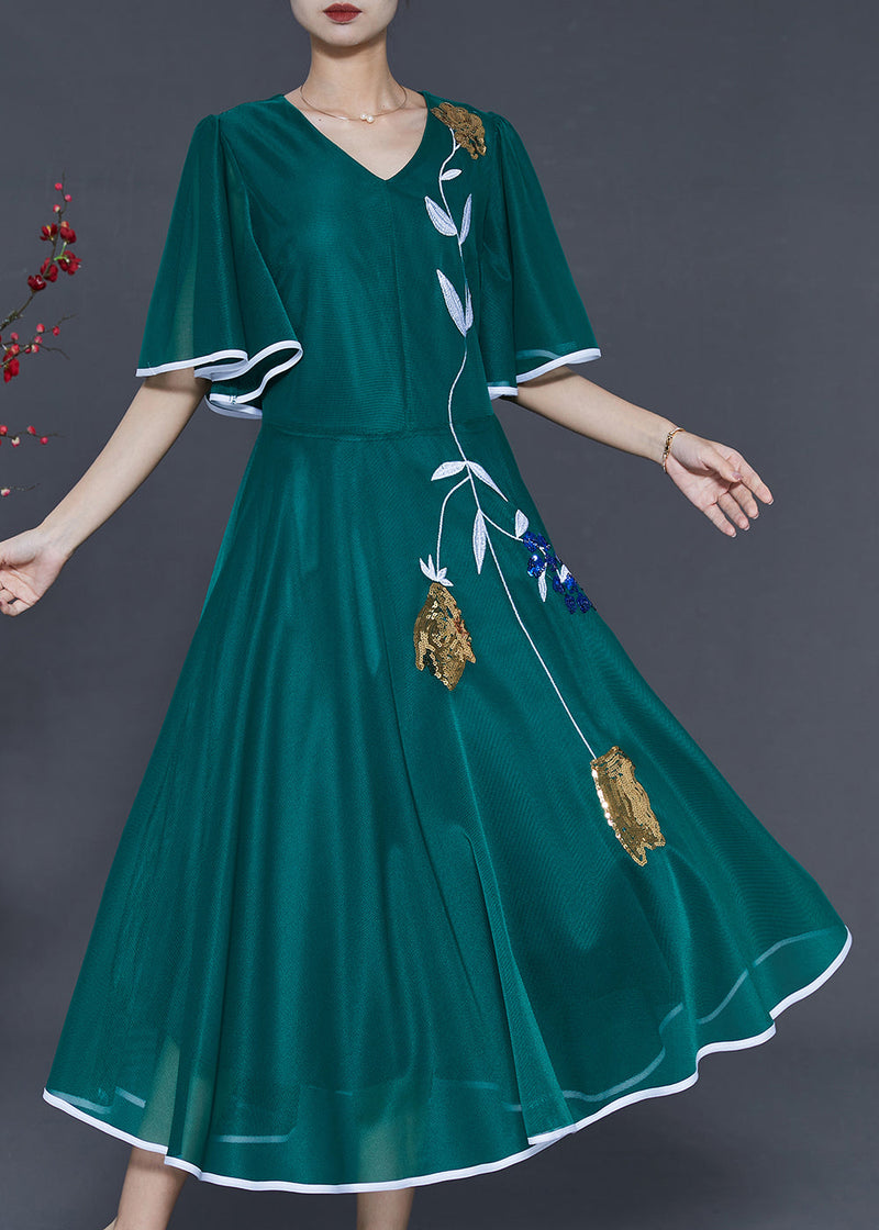 Peacock Green Embroidered Silk Long Dresses Summer