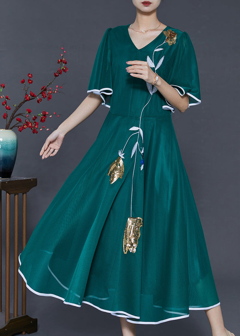 Peacock Green Embroidered Silk Long Dresses Summer