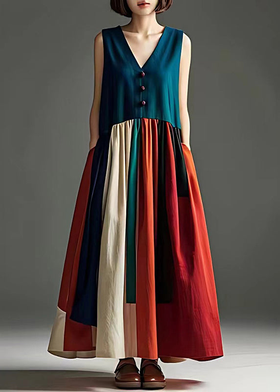 Peacock Green V Neck Patchwork Cotton Long Dress Sleeveless