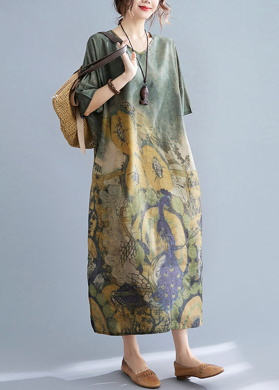Peacock Green V Neck Print Side Open Dresses Short Sleeve