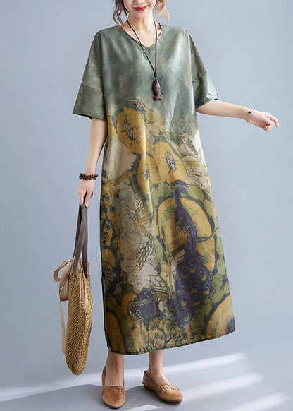 Peacock Green V Neck Print Side Open Dresses Short Sleeve