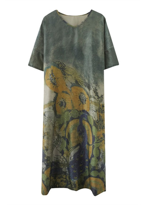 Peacock Green V Neck Print Side Open Dresses Short Sleeve