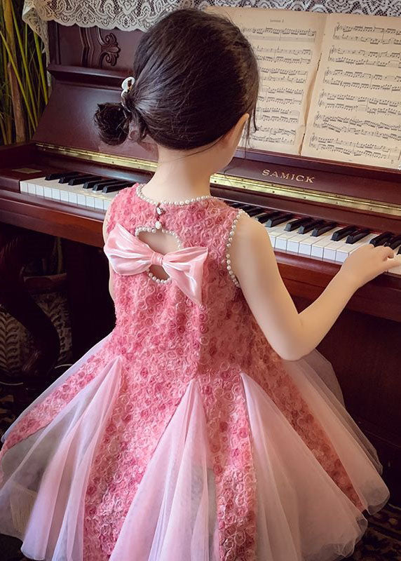 Pink Bow Nail Bead Patchwork Tulle Baby Princess Dresses Sleeveless