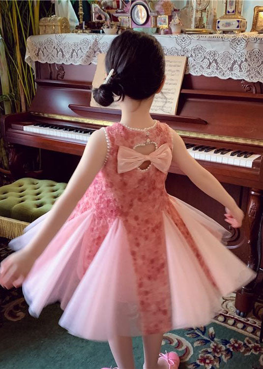 Pink Bow Nail Bead Patchwork Tulle Baby Princess Dresses Sleeveless