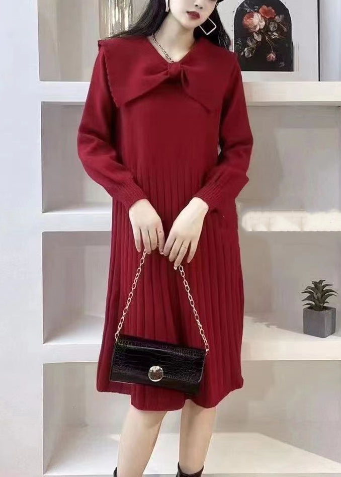 Pink Bow Wrinkled Knit Sweater Dress Winter