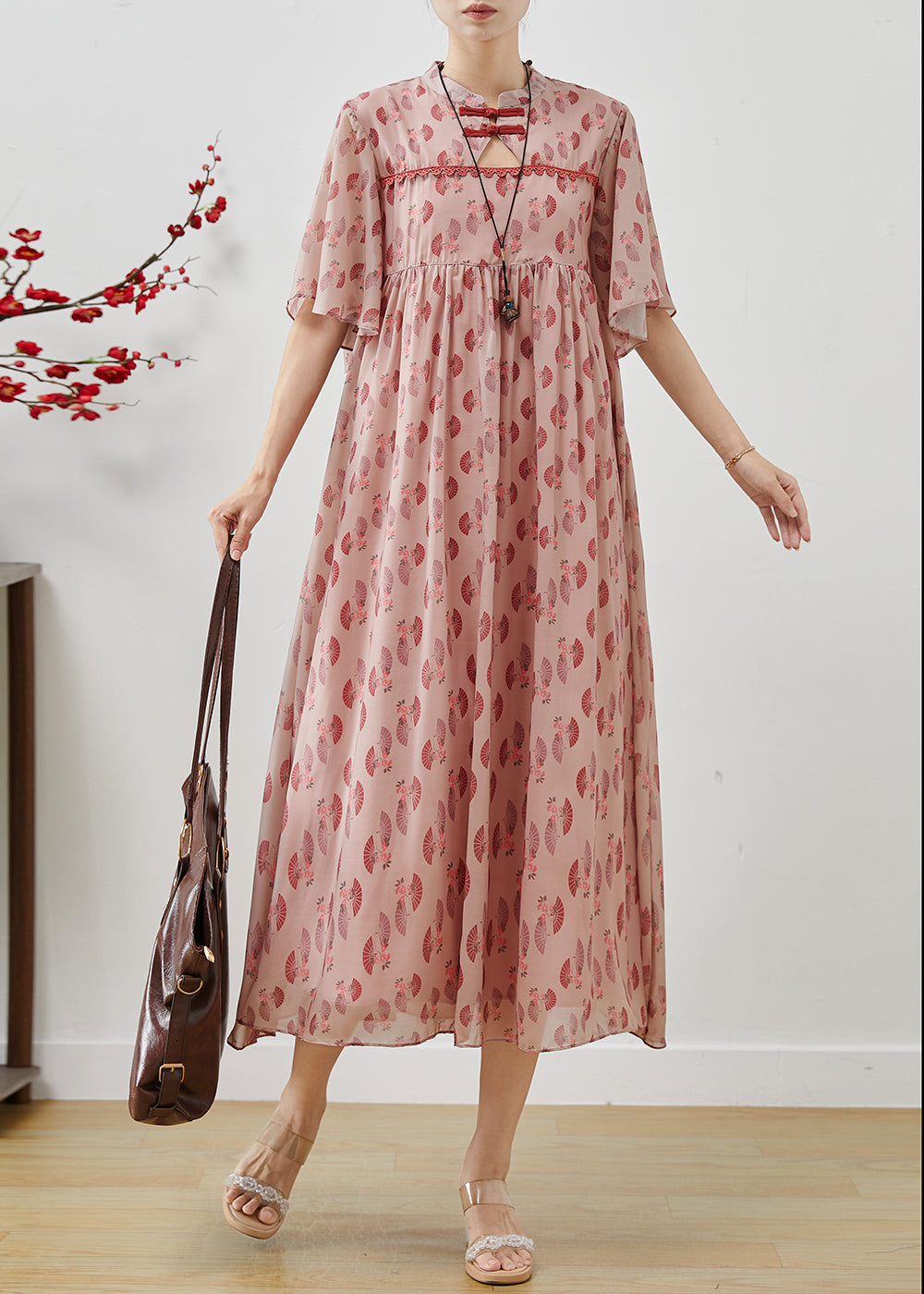Pink Chinese Button Print Chiffon Dress Summer