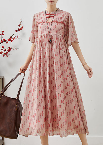 Pink Chinese Button Print Chiffon Dress Summer