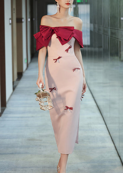Pink Cold Shoulder Bow Nail Bead Dress Sleeveless