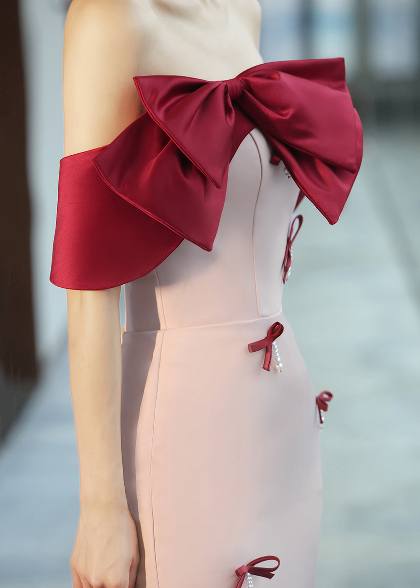 Pink Cold Shoulder Bow Nail Bead Dress Sleeveless