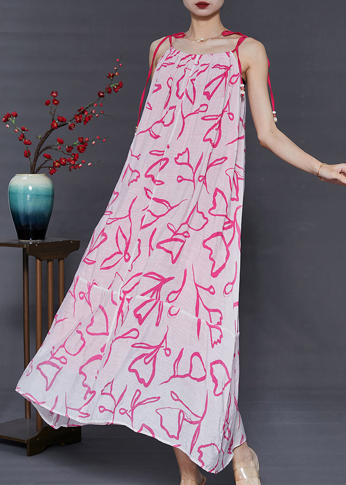 Pink Cold Shoulder Print Chiffoncotton Summer Dress