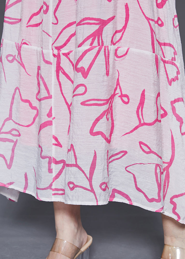 Pink Cold Shoulder Print Chiffoncotton Summer Dress