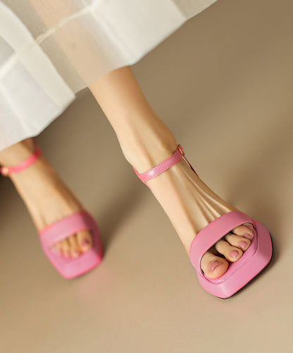 Pink Cowhide Buckle Strap Platform Leather Sandals