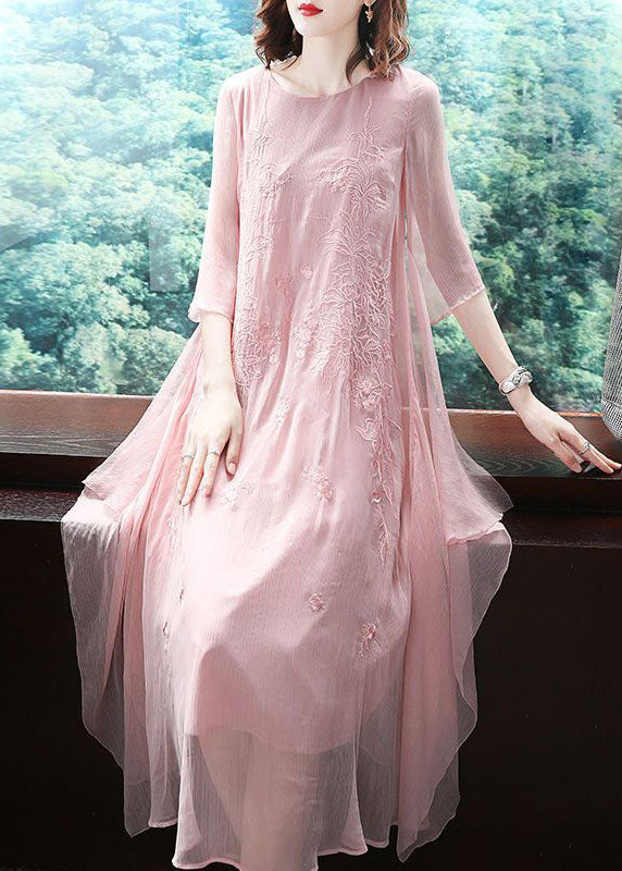 Pink Embroideried Exra Large Hem Chiffon Dress Summer