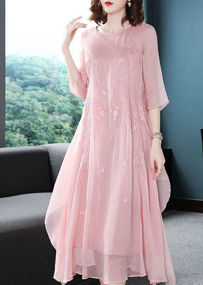Pink Embroideried Exra Large Hem Chiffon Dress Summer