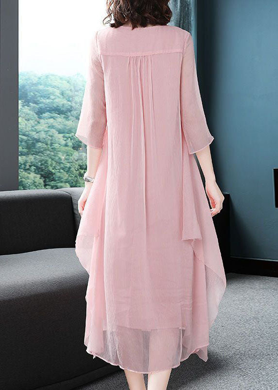 Pink Embroideried Exra Large Hem Chiffon Dress Summer