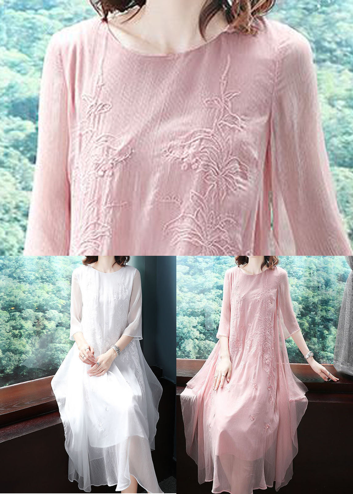 Pink Embroideried Exra Large Hem Chiffon Dress Summer