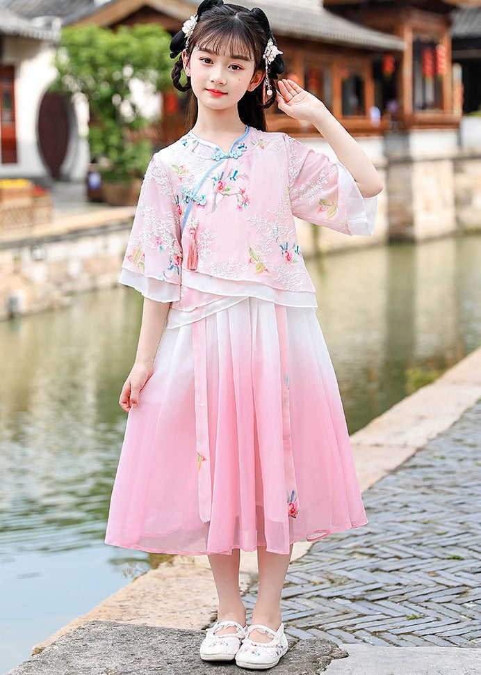 Pink Embroideried Patchwork Tassel Chiffon Long Dresses Short Sleeve