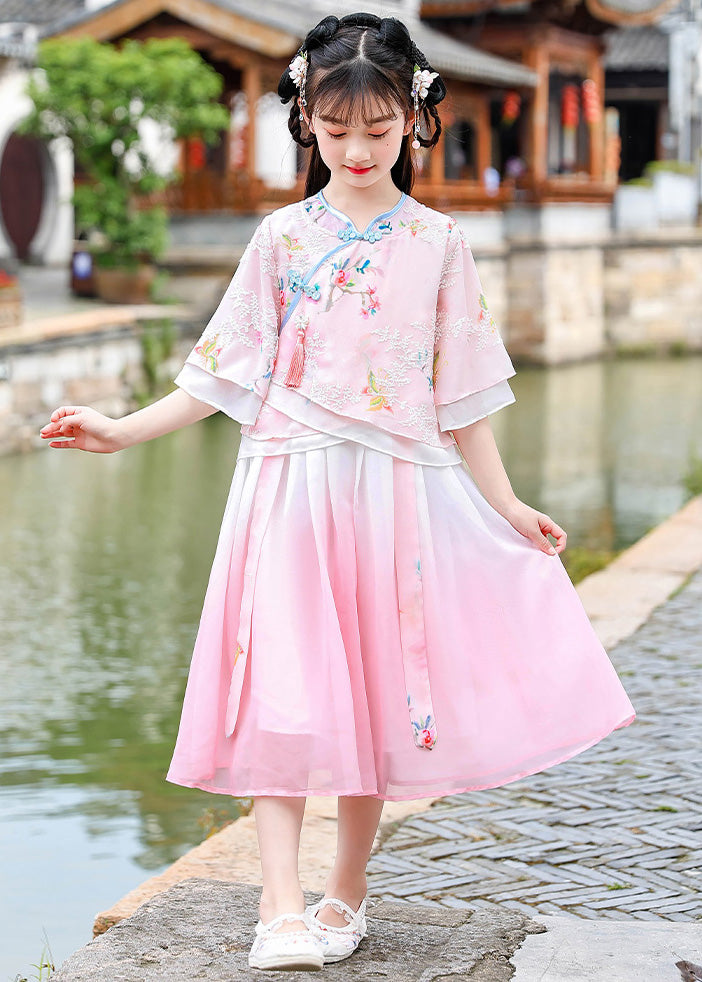 Pink Embroideried Patchwork Tassel Chiffon Long Dresses Short Sleeve