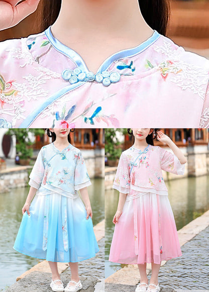 Pink Embroideried Patchwork Tassel Chiffon Long Dresses Short Sleeve