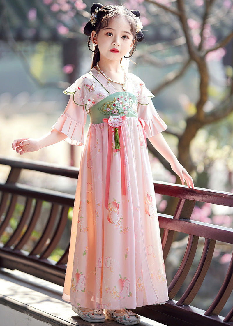Pink Embroideried Patchwork Tassel Maxi Dresses Flare Sleeve