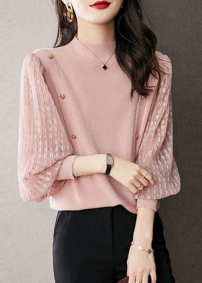 Pink Half High Neck Patchwork Knit Pullover Spring