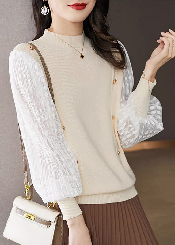 Pink Half High Neck Patchwork Knit Pullover Spring