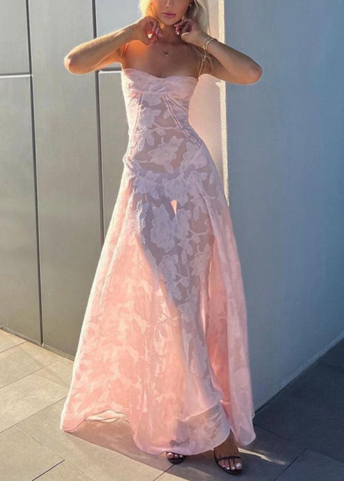 Pink Lace Up Lace Spaghetti Strap Dress Sleeveless
