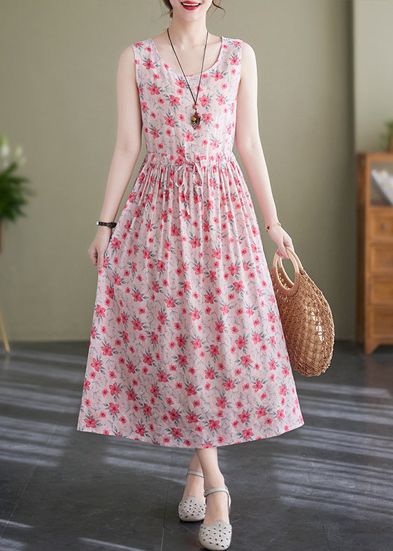 Pink Lace Up Wrinkled Print Cotton Long Dress Sleeveless