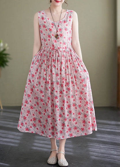 Pink Lace Up Wrinkled Print Cotton Long Dress Sleeveless