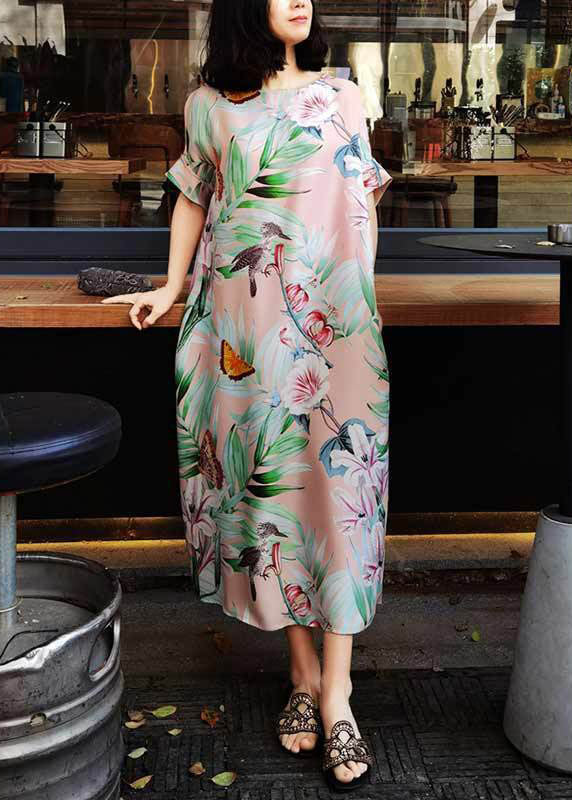 Pink O Neck Print Silk Long Dresses Summer