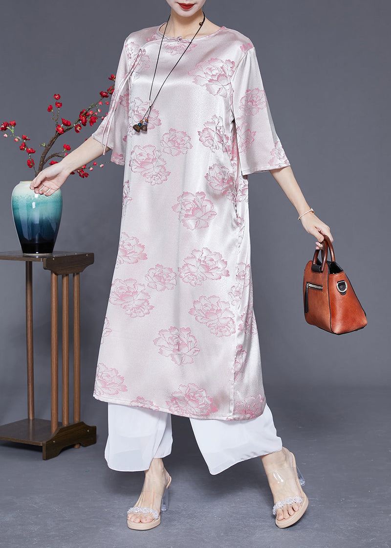 Pink O-neck Print Tassel Silk Long Dress Half Sleeve