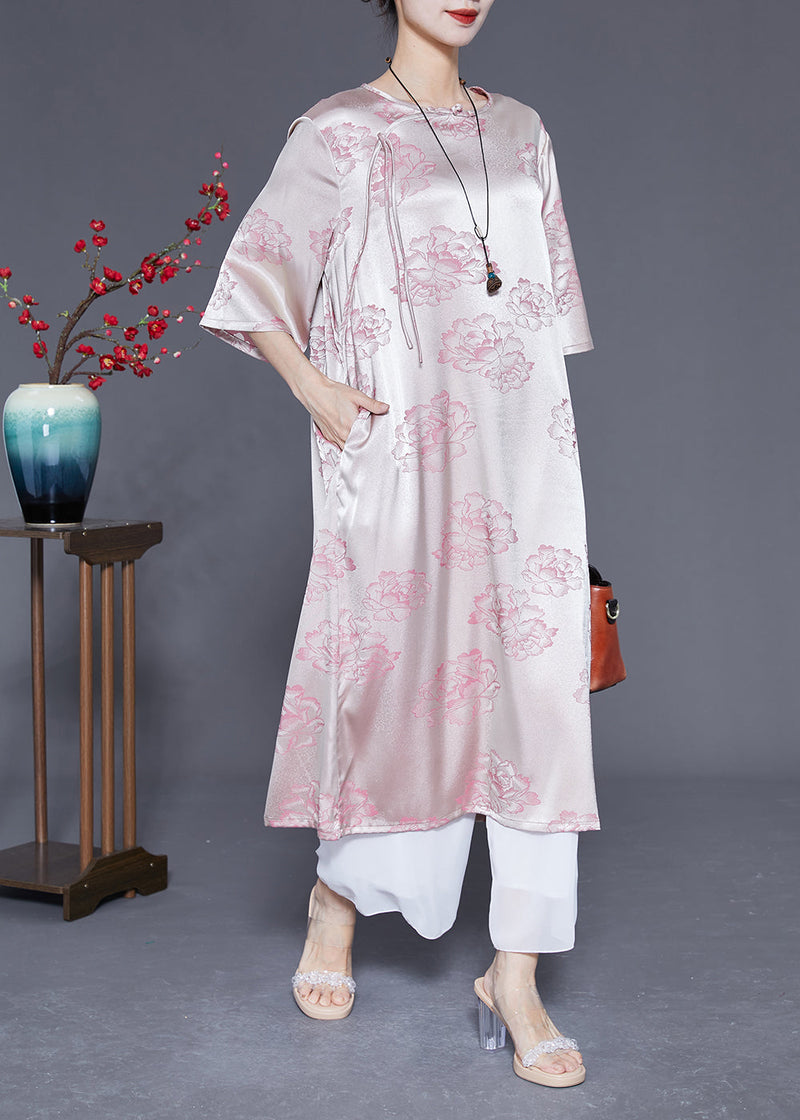 Pink O-neck Print Tassel Silk Long Dress Half Sleeve