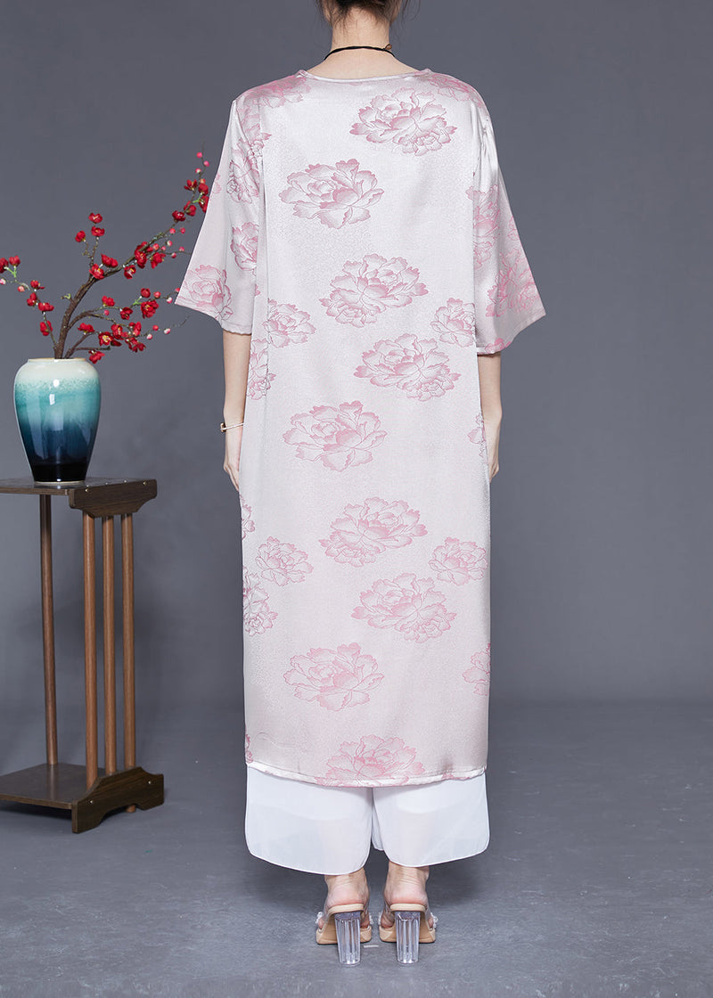 Pink O-neck Print Tassel Silk Long Dress Half Sleeve