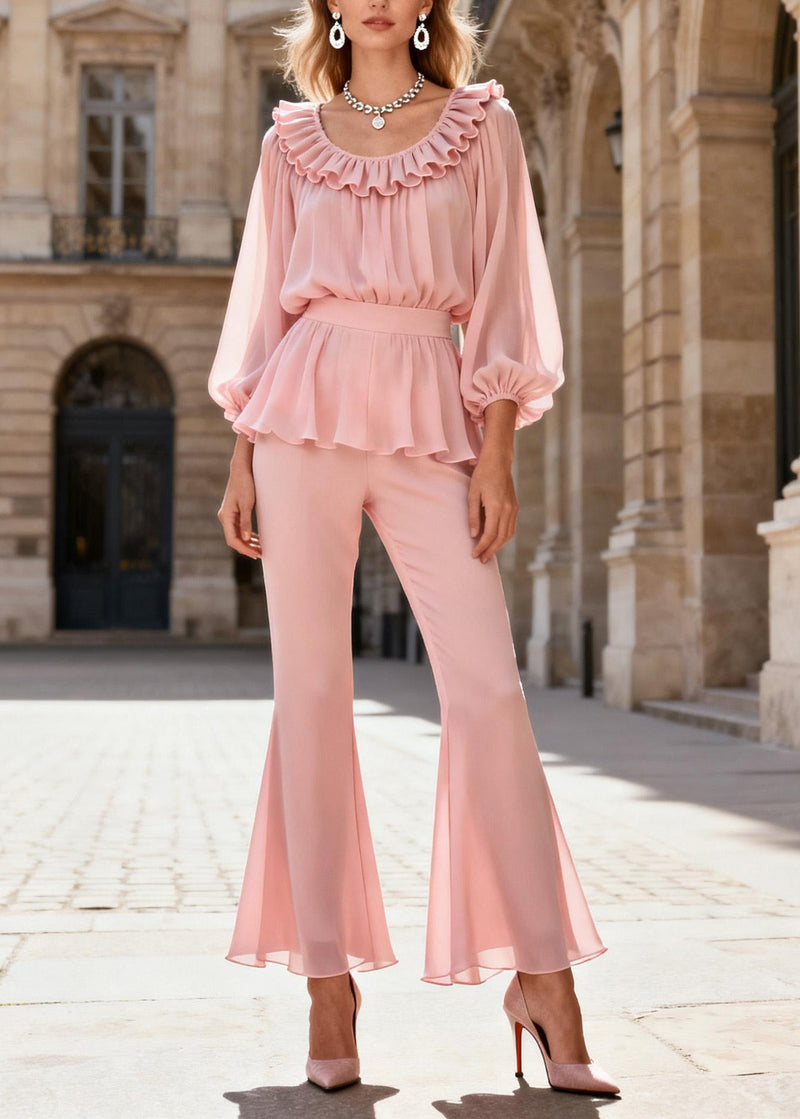 Pink O-neck Ruffled Patchwork Silk Two Piece Set Spring