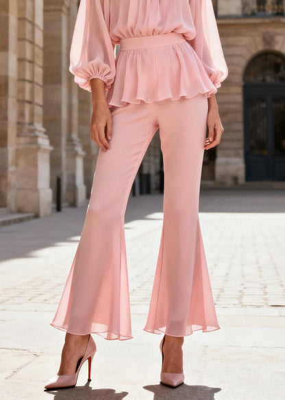 Pink O-neck Ruffled Patchwork Silk Two Piece Set Spring