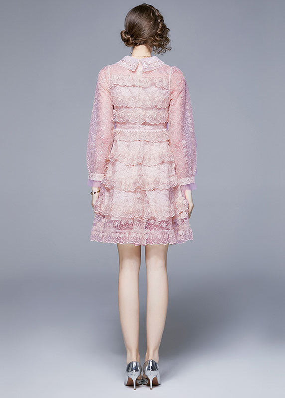 Pink Peter Pan Collar Ruffles Patchwork Mid Dress Long Sleeve