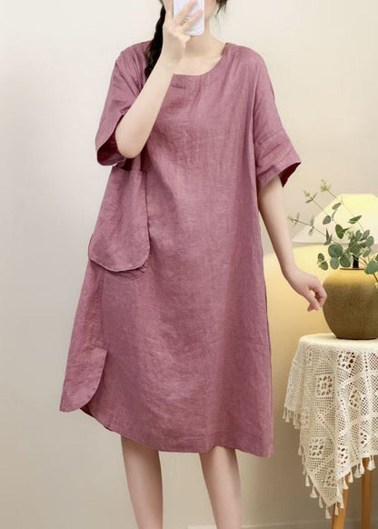 Pink Pockets Side Open Linen Dress Half Sleeve