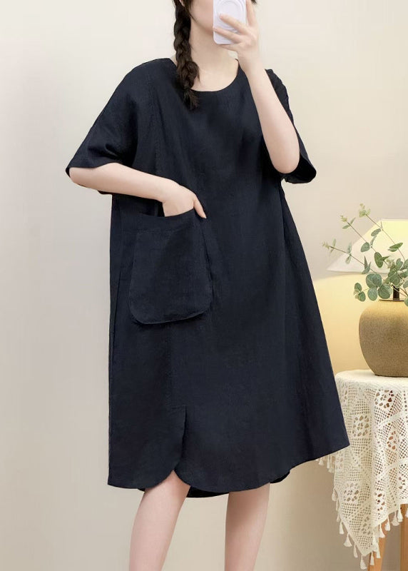 Pink Pockets Side Open Linen Dress Half Sleeve