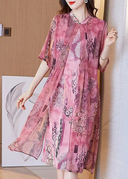 Pink Print False Two Pieces Silk Dress Half Sleeve