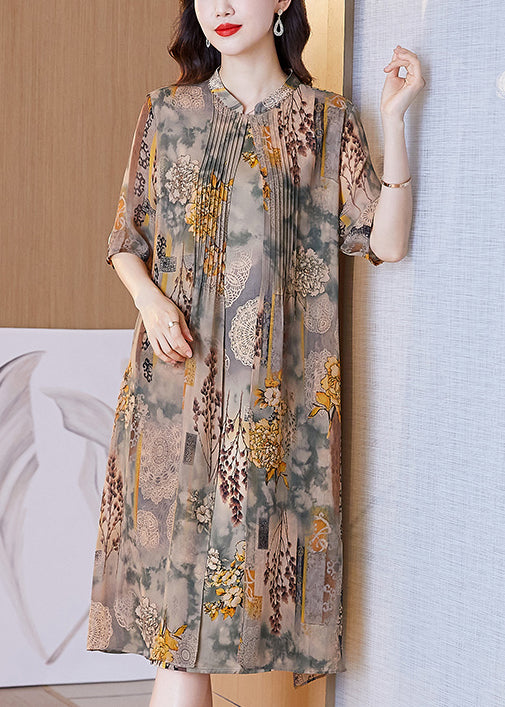 Pink Print False Two Pieces Silk Dress Half Sleeve