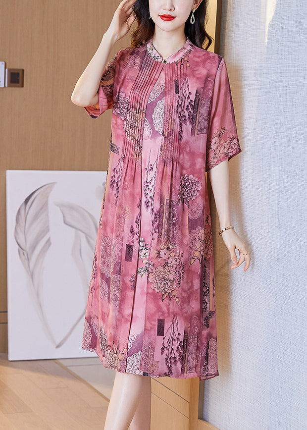 Pink Print False Two Pieces Silk Dress Half Sleeve
