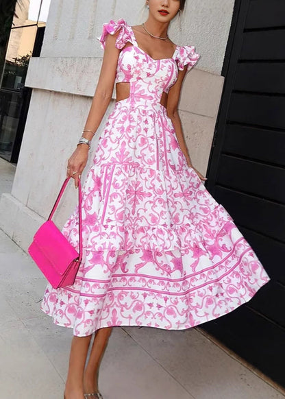 Pink Print Hollow Out Cotton Long Dresses Summer