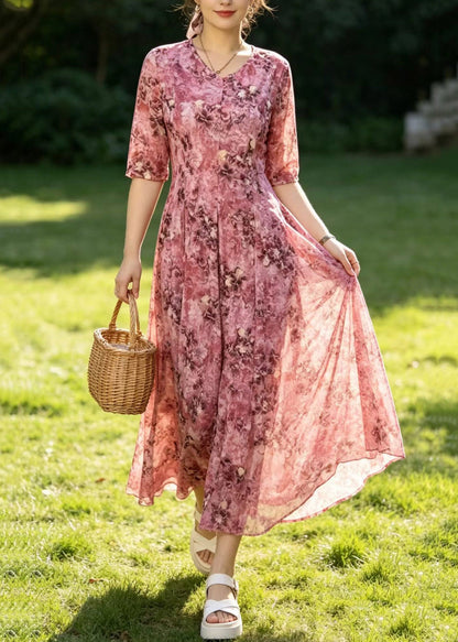 Pink Print Slim Silk Maxi Dresses Short Sleeve
