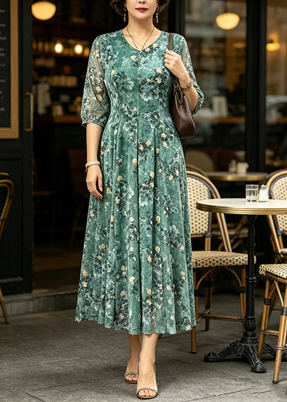 Pink Print Slim Silk Maxi Dresses Short Sleeve