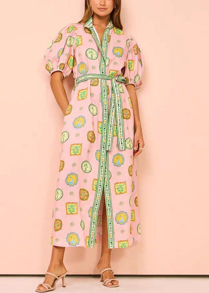 Pink Print Tie Waist Cotton Blouses Dresses Half Sleeve