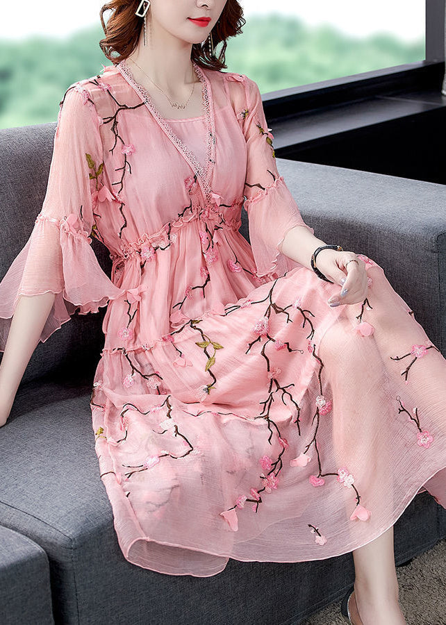 Pink Ruffled Embroideried Chiffonsilk Maxi Dresses Flare Sleeve