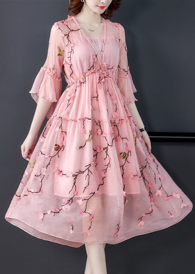Pink Ruffled Embroideried Chiffonsilk Maxi Dresses Flare Sleeve