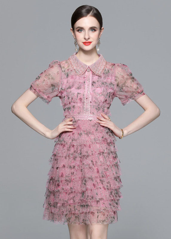 Pink Ruffled Nail Bead Print Patchwork Tulle Mid Dress Summer