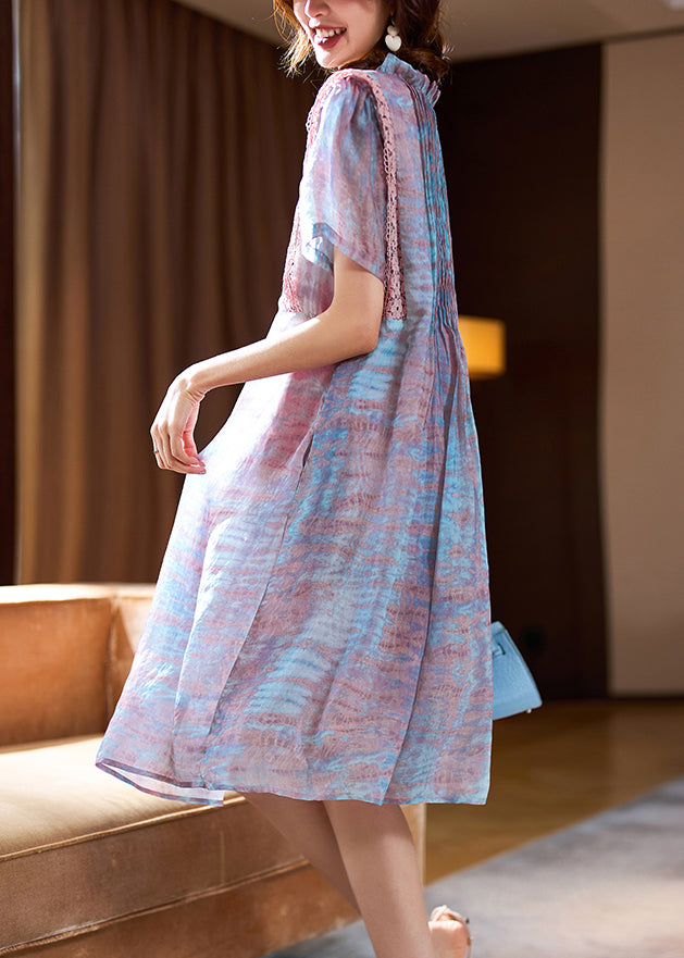 Pink Ruffled Print Chiffon Long Dress Short Sleeve